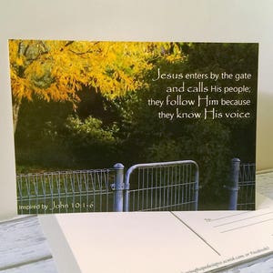 5x Scripture Verse Postcard Set Faith Quote Print John 10:1-6 Christian Greeting Card Bible Verse Fall Garden Gate Photo Art Stationery Gift