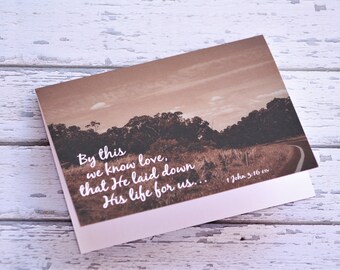 2x Faith Quote Bible Verse Cards Sepia Landscape, 1 John 3:16, Father&#39;s Day Card, Love Bible Verse Art, Christian Scripture Encouragement