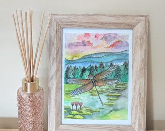 Dragonfly Sunset Original Watercolour Painting Golden Pen Highlights Outline Sunrise Forest Hills Artwork Pond Lillys Scene Wood Frame