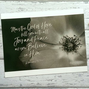 May include: A black and white photo of a flower with the text "May the God of Hope fill you with all Joy and Peace as you Believe in Him Romans 15:13 NLT" and "Sheme Hope Designs" at the bottom.