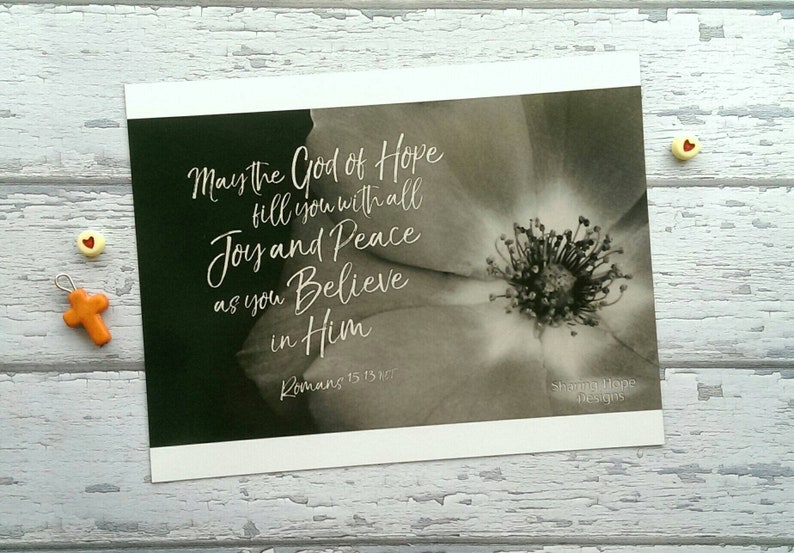 May include: A black and white photo of a flower with the text "May the God of Hope fill you with all Joy and Peace as you Believe in Him Romans 15:13 NLT" and "Sheme Hope Designs" at the bottom.