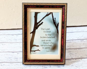 Tree Branches Silhouette Photo Print Psalm 34:18 Blue Sky Gold Black Red Frame Bible Verse Sympathy Comfort Quote Christian Scripture Gift