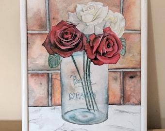 Red and White Roses Vase Original Watercolour Floral Blossom Mason Jar Still Life Kitchen Valentine Art Painting White Frame