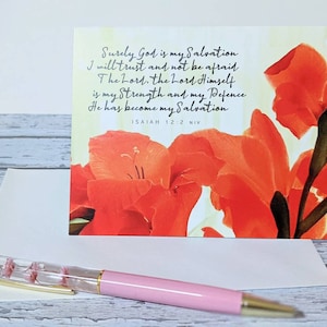 2x kaart vers Salvation schrift vers oranje bloemen fotokunst gladiolen bloem Moederdag vergeven Bijbel citaat Jesaja 12:2 christelijke notitieset