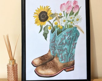 Country Western Boots with Flowers Original Watercolour Painting Brown Teal Sunflower Billie Button Tulip Wheat Artwork Black Frame