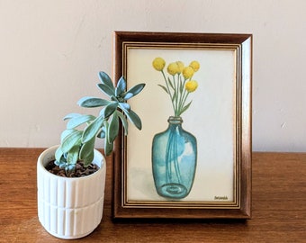 Australian Yellow Billy Buttons Flowers in Vase Original Watercolour Art Blue Glass Bottle Gold Accents Highlights Brown Frame