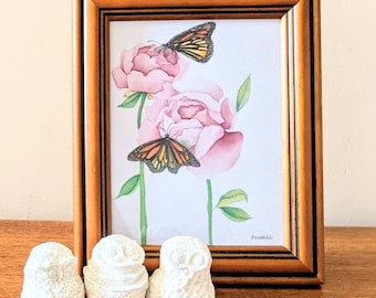 Monarch Butterflies and Flowers Original Watercolour Pink Flowers Still Life Art Painting Brown Frame