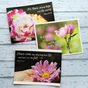 May include: Three inspirational cards with pink flowers and bible verses. The first card has a pink and white rose with the text "His name will be the hope of all the world. Matthew 12:21 NLT". The second card has a pink flower with the text "God has given us eternal life, and this life is in His Son. 1 John 5:11-13". The third card has a pink flower with the text "I have come that they may have life, and have it to the full - Jesus. John 10:10 NIV".