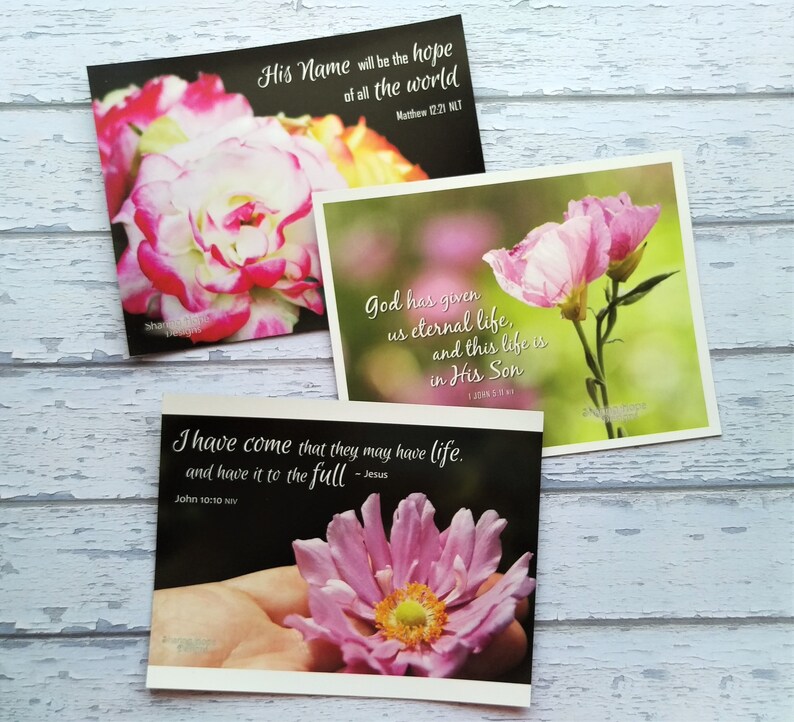 May include: Three inspirational cards with pink flowers and bible verses. The first card has a pink and white rose with the text "His name will be the hope of all the world. Matthew 12:21 NLT". The second card has a pink flower with the text "God has given us eternal life, and this life is in His Son. 1 John 5:11-13". The third card has a pink flower with the text "I have come that they may have life, and have it to the full - Jesus. John 10:10 NIV".
