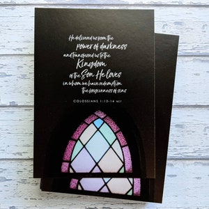 Jeu de 5 cartes postales versets vitrail Colossiens 1:13-14 Kingdom Darkness Bible Card Écriture chrétienne impression rose bleu vert