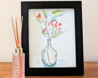 Leaves Gum Nut Blossoms Vase Bottle Original Watercolour Australian Flora Still Life Art Painting Black Frame