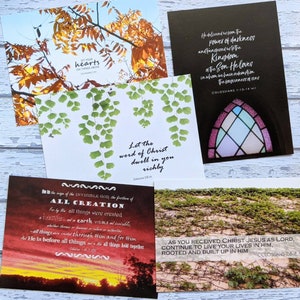5 set di cartoline Colossesi, foglie, natura, versetto della Bibbia, vita cristiana con Gesù, citazione, stampa artistica del vangelo, messaggio di incoraggiamento