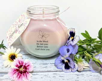 Pastel Pink Peach Green Very Vanilla Fragrance LOVE LIKE JESUS Butterfly Candle God's Word Quote Chosen Christian Woman Gift Glass Container
