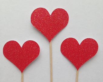 Red glitter heart cupcake toppers