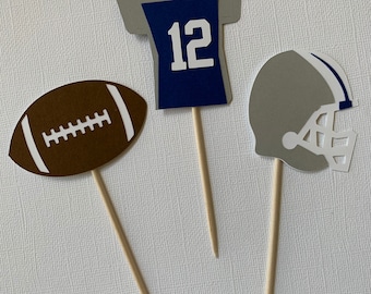 Football cupcake toppers with custom jersey number.