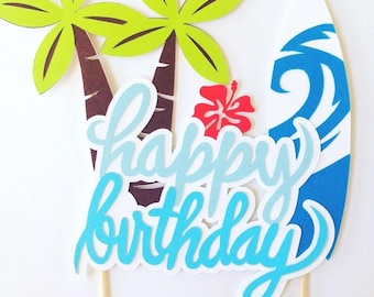 Tropical surfboard happy birthday cake topper