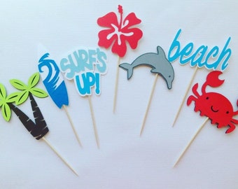 Tropical surf board beach cupcake toppers