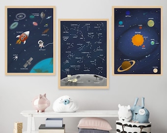 Set of 3 Posters Space Solar System Planets Stars Constellations Children's Room Learning Poster Learning Poster Picture Murals