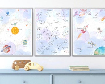 3er Set Plakate Weltraum Sonnensystem Planeten Sterne Sternbilder Kinderzimmer Lernposter Lernplakat Poster Bild Wandbilder