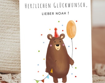 Personalisierte Geburtstagskarte für Baby Kind Grußkarte Paul Leon Luis Luca Emilia Emma Noah Bär Luftballon