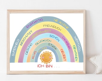 Affirmations for Kids, Print Rainbow Children's Room Learning Poster Learning Poster Picture Murals Decoration