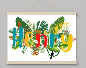 Personalized Name Print Jungle Nursery Decor Wall Art Name Picture Nameplate Personalization Animals Colorful Gift