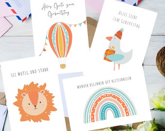 Set of 4 Greeting Cards Greeting Card Wish Card Birthday Card Lion, Seagull, Rainbow, Balloon