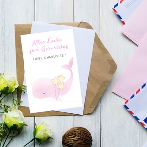 Biglietto di compleanno personalizzato per baby girl pink whale biglietto di auguri biglietto di auguri Emilia Johanna Friederike Lotte Maria Paula Emma