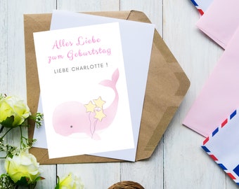 Personalized Birthday Card for Baby Girl Pink Whale Greeting Card Greeting Card Emilia Johanna Friederike Lotte Maria Paula Emma