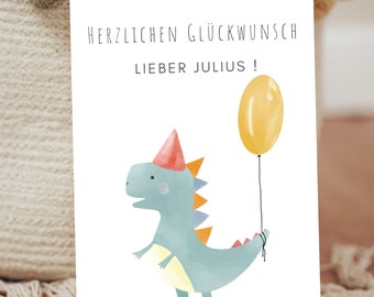 Personalisierte Geburtstagskarte für Baby Kind Dino Grußkarte Paul Leon Luis Luca Emilia Emma Noah Dinosaurier Glückwunschkarte