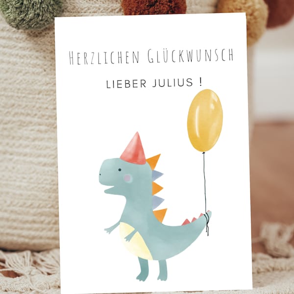 Personalisierte Geburtstagskarte für Baby Kind Dino Grußkarte Paul Leon Luis Luca Emilia Emma Noah Dinosaurier Glückwunschkarte