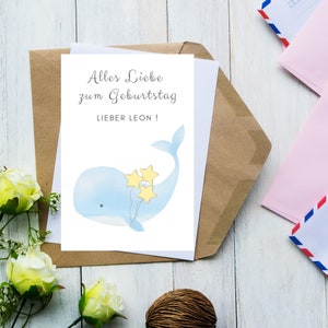 Personalisierte Geburtstagskarte für Baby Jungen blau Wal Grußkarte Paul Leon Luis Fynn Luca Noah Glückwunschkarte