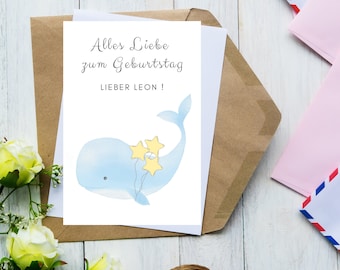 Personalisierte Geburtstagskarte für Baby Jungen blau Wal Grußkarte Paul Leon Luis Fynn Luca Noah Glückwunschkarte