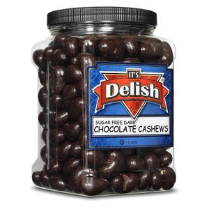 Sugar Free Dark Chocolate Covered Cashews by Its Delish, 3 LBS Jumbo Reusable Container (Jar) | Gourmet Dark Chocolate Cashews