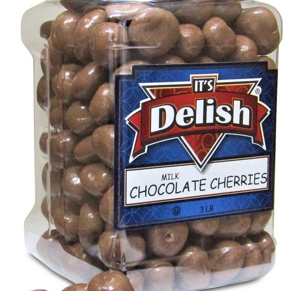 Gourmet Milk Chocolate Covered Cherries by It's Delish, 3 lbs Jumbo Reusable Container | Premium Milk Chocolate Coated Dried Cherries -...