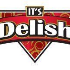 May include: It's Delish logo with a red banner and gold lettering. The logo is in the shape of a triangle with a swirl pattern.