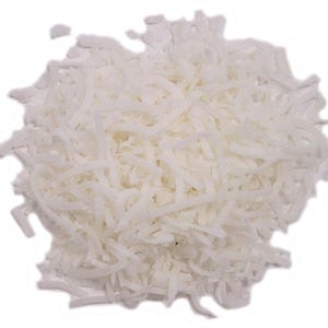 May include: A close-up of a pile of unsweetened shredded coconut. The coconut is white and fluffy, and it is perfect for baking or adding to smoothies.