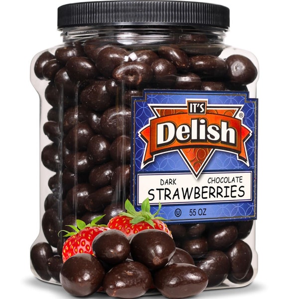 Dark Chocolate Covered Dried Strawberries by It's Delish, 55 oz Jumbo Container | Gourmet Dark Chocolate Covered Strawberry Fruit Snacks...