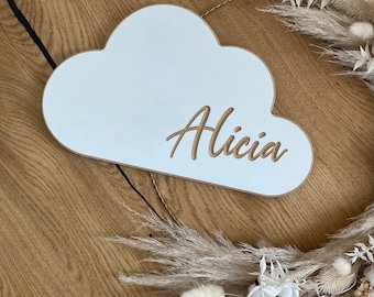 Wooden name plate {cloud} engraved name, white cloud, children's room decoration, children's room door, child door sign