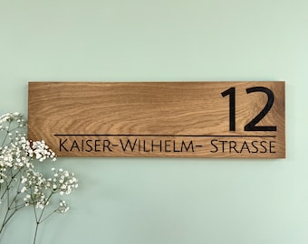 House number plate with street {street and house number} front door wood, house number plate {H2}