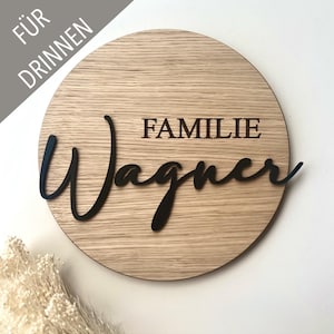 Round wooden house sign {Family name}, personalized, 23.5 cm / 29 cm diameter