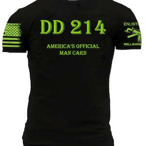 May include: Black crew neck t-shirt with the text "DD 214 AMERICA'S OFFICIAL MAN CARD" in neon green. The left sleeve features a distressed American flag graphic, and the right sleeve has a military-themed design. The shirt is size XL.