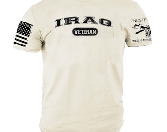 May include: Cream-colored XL t-shirt with "IRAQ VETERAN" printed in black. Features a distressed American flag on the left sleeve and "ENLISTED WELL-EARNED" on the right sleeve. A military-themed apparel item.