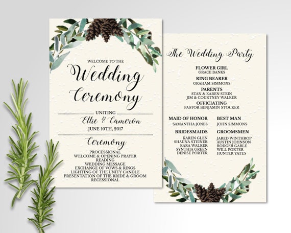 Winter Wedding Program Snow And Pinecones Classic Etsy