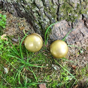 Könnte beinhalten: Zwei goldfarbene Metallkugeln, möglicherweise Ornamente, liegen auf einem Bett aus grünem Moos und brauner Erde. Die Kugeln sind leicht unscharf.