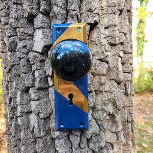 Könnte beinhalten: Ein blauer und goldener Türknauf mit einem schwarzen runden Griff ist an einem Baumstamm befestigt.