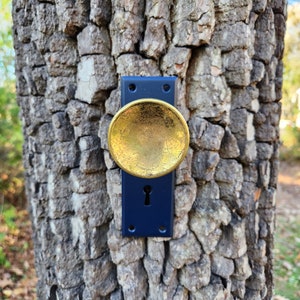 以下が含まれることがあります： 木の幹に取り付けられた、濃い青色の金属プレートに、鍵穴のある金色のドアノブが取り付けられています