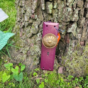 May include: A purple door knob with a brass decorative plate and a keyhole. The knob is attached to a tree trunk.
