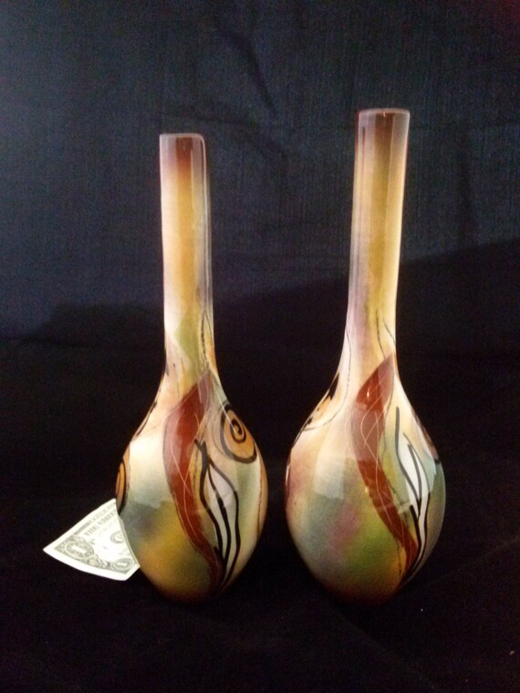 Two Unique Long Neck Vases Bulbous Shape Folk Art Swirls Etsy