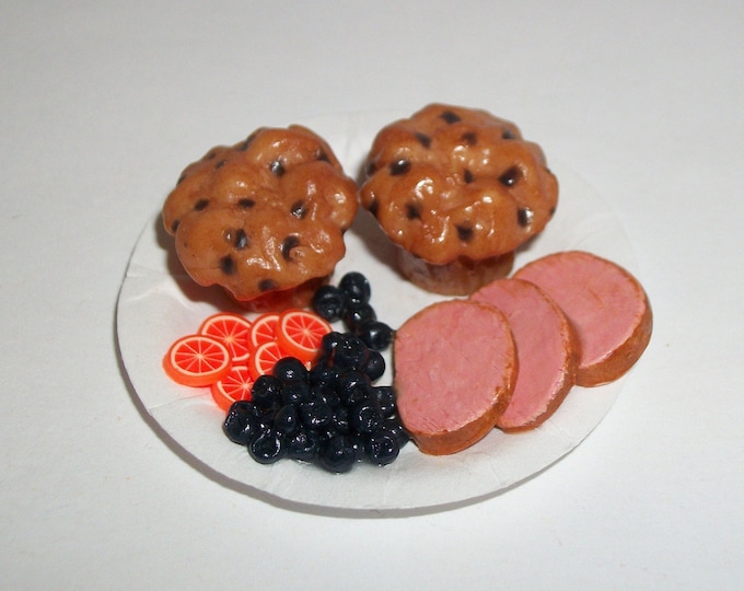 Dollhouse Miniature Blueberry Muffin Breakfast with Ham Food for the Doll House - reference Barbie hand for size 962